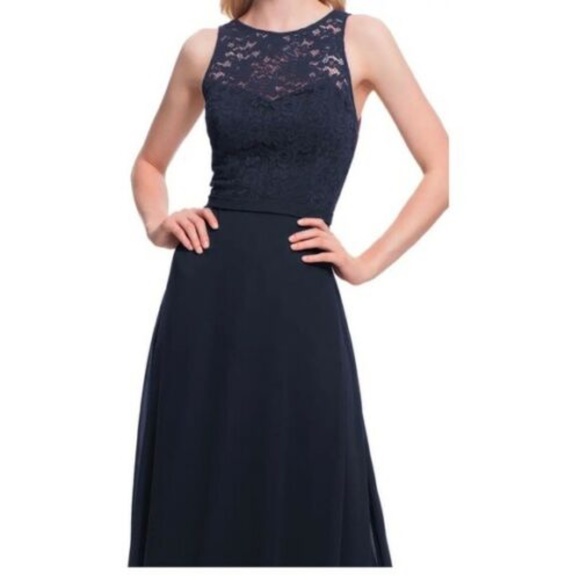 Levkoff Slate Lace Bodice Chiffon A-Line Gown 6 - Picture 3 of 6